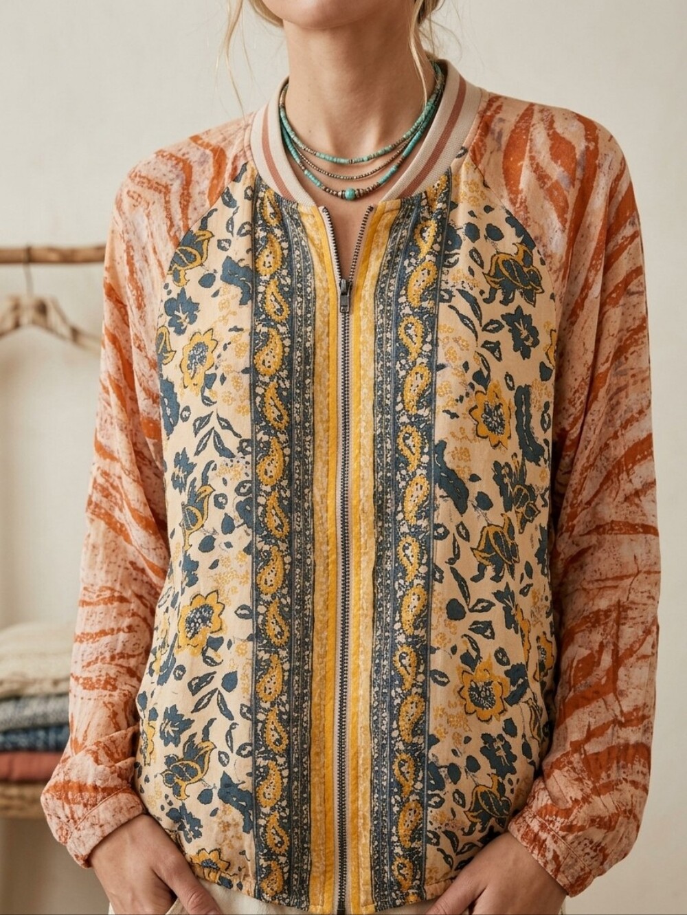 Mystree Mixed Media Floral Zip-Up Bomber Jacket / Floral Linen-Blend